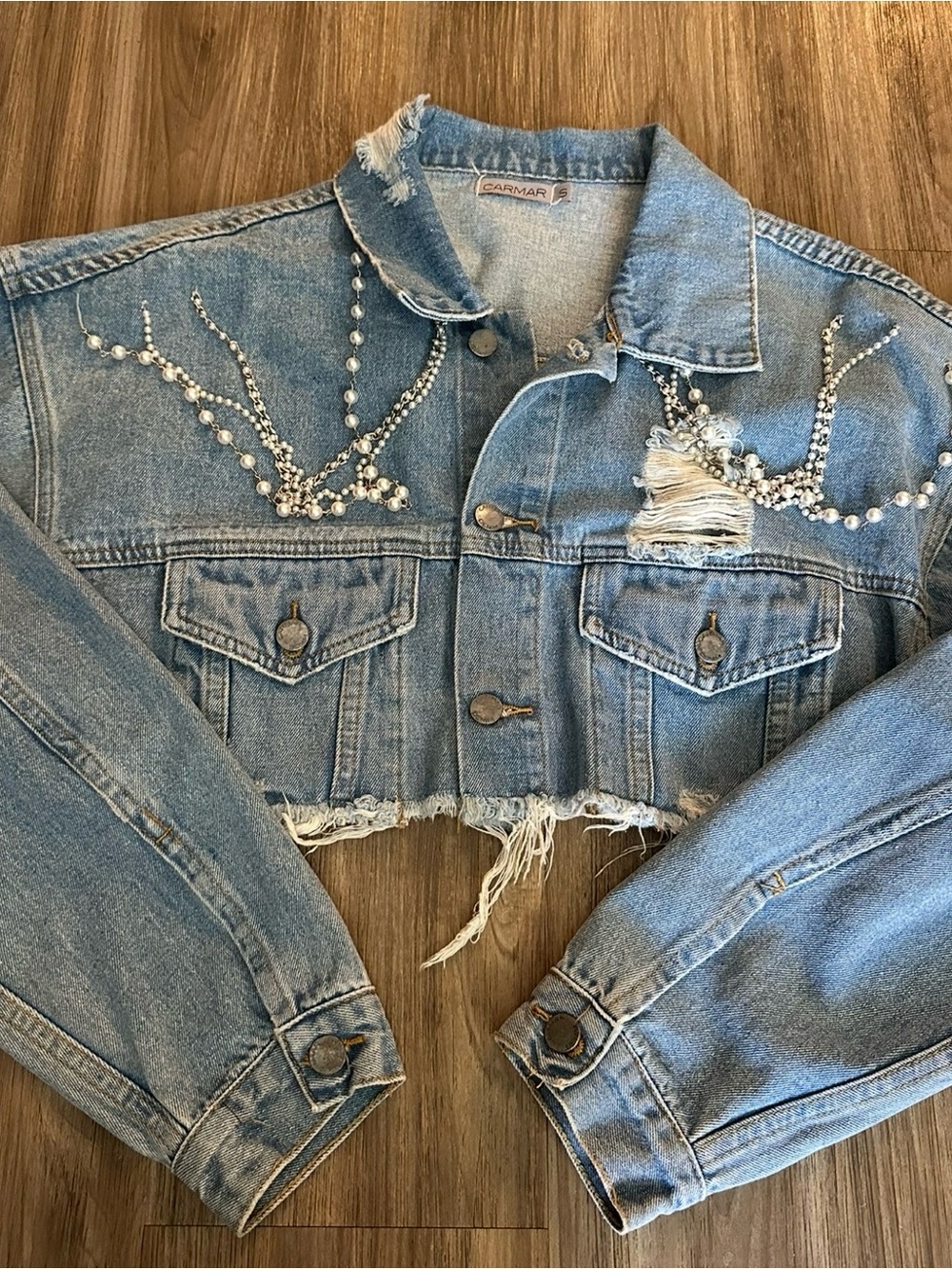 Carmar Light Wash Denim Jacket with Pearl & Crystal Embellishments
